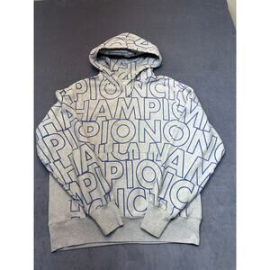 Champion Hoodie Mens Size Gray Reverse Weave Sweatshirt Spellout AOP Pullover